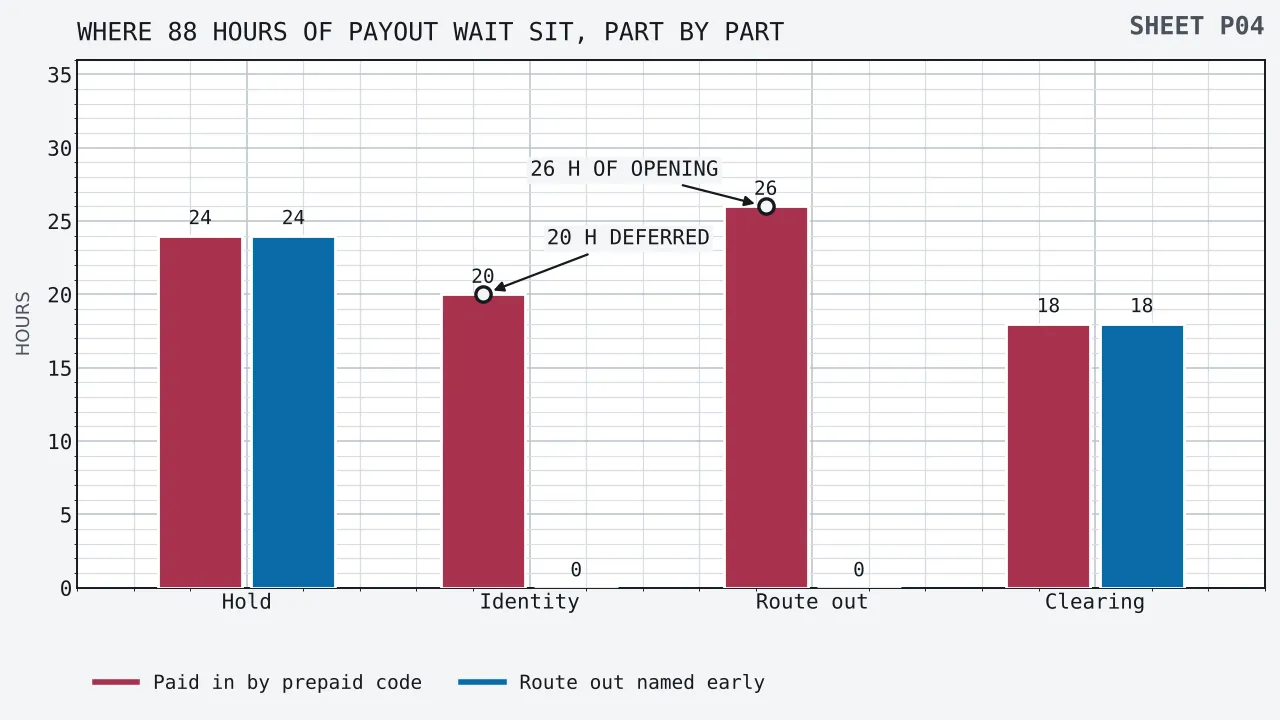 Paired upright bars across four parts of a payout wait, measured in hours. For a payment made by prepaid code with no route out named, the bars read 24 hours of review hold, 20 hours of identity checking, 26 hours of opening a receiving arrangement and 18 hours of clearing, which is 88 hours altogether. For a reader who named a receiving arrangement at registration the same bars read 24, nought, nought and 18, which is 42 hours altogether. Ringed callouts mark the 26 hour bar and the 20 hour bar.